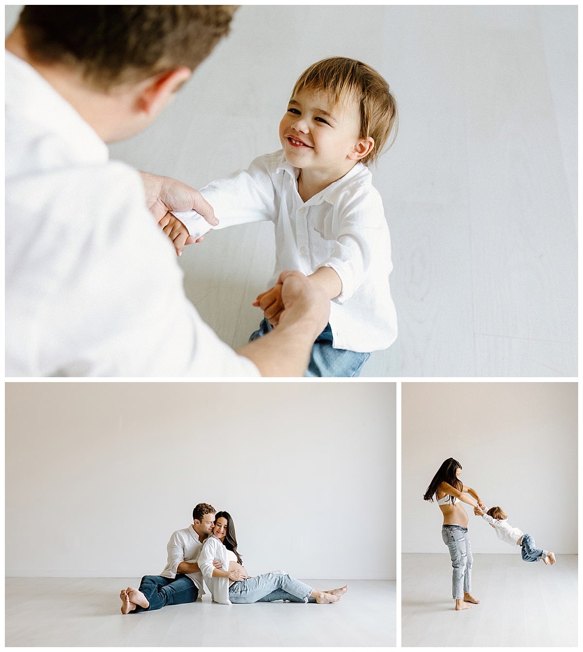 Dad and son play and smile together for Studio Maternity Photos