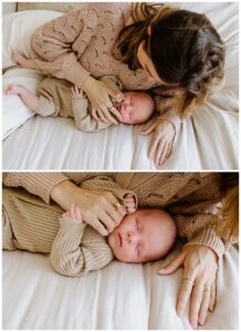 Mom smiles at infant for successful Newborn Session With Siblings