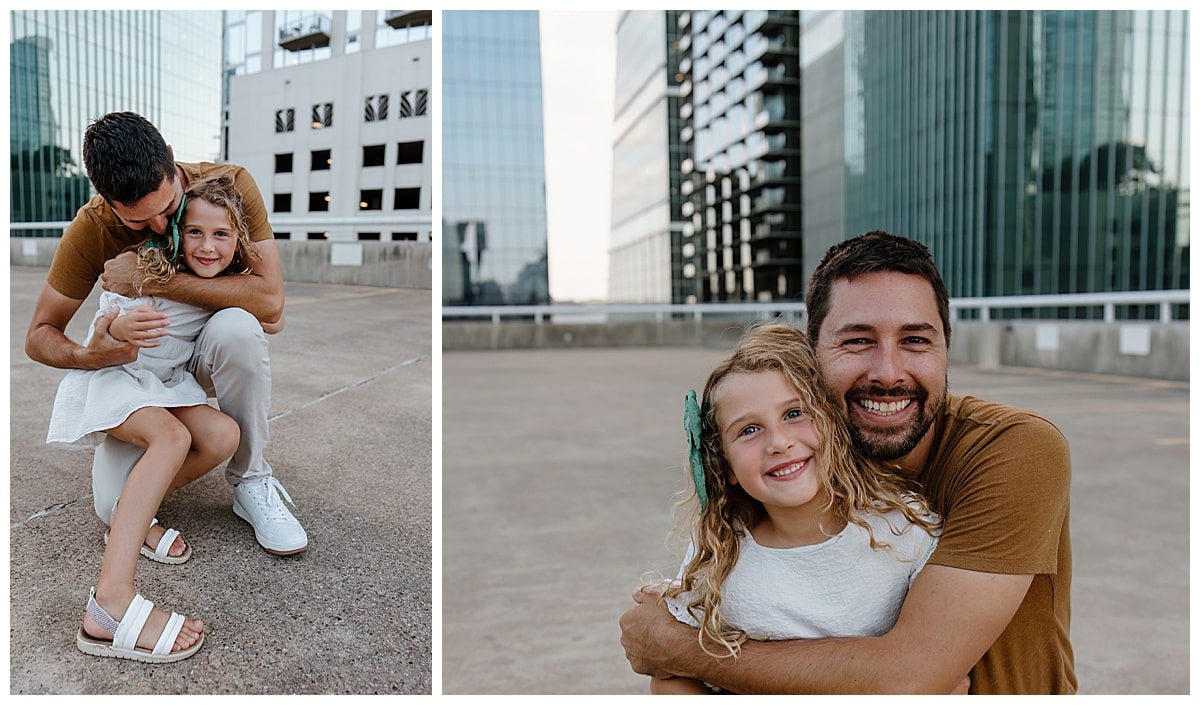 Dad and daughter hug one another for Austin Lifestyle Photographer