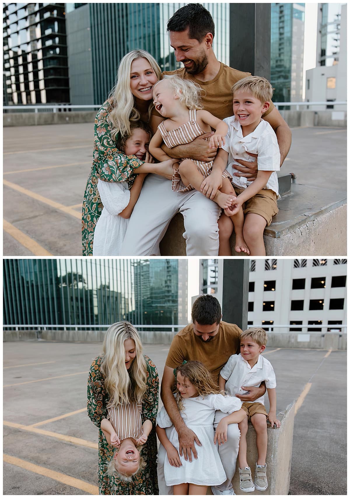Family sits down together for Downtown Austin Rooftop Family Session 