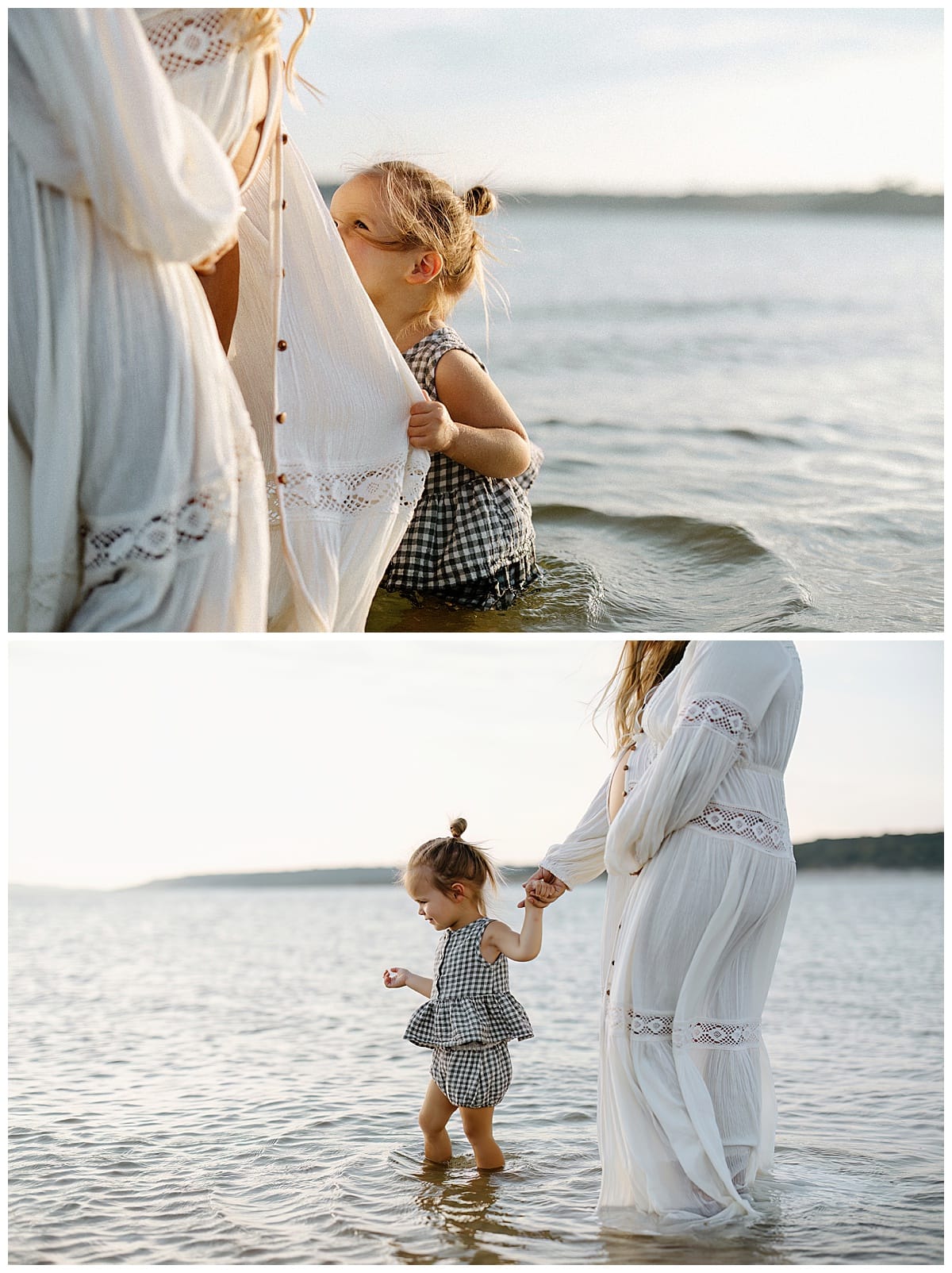 Mom and daughter hold hands in the water for Austin Motherhood Photographer