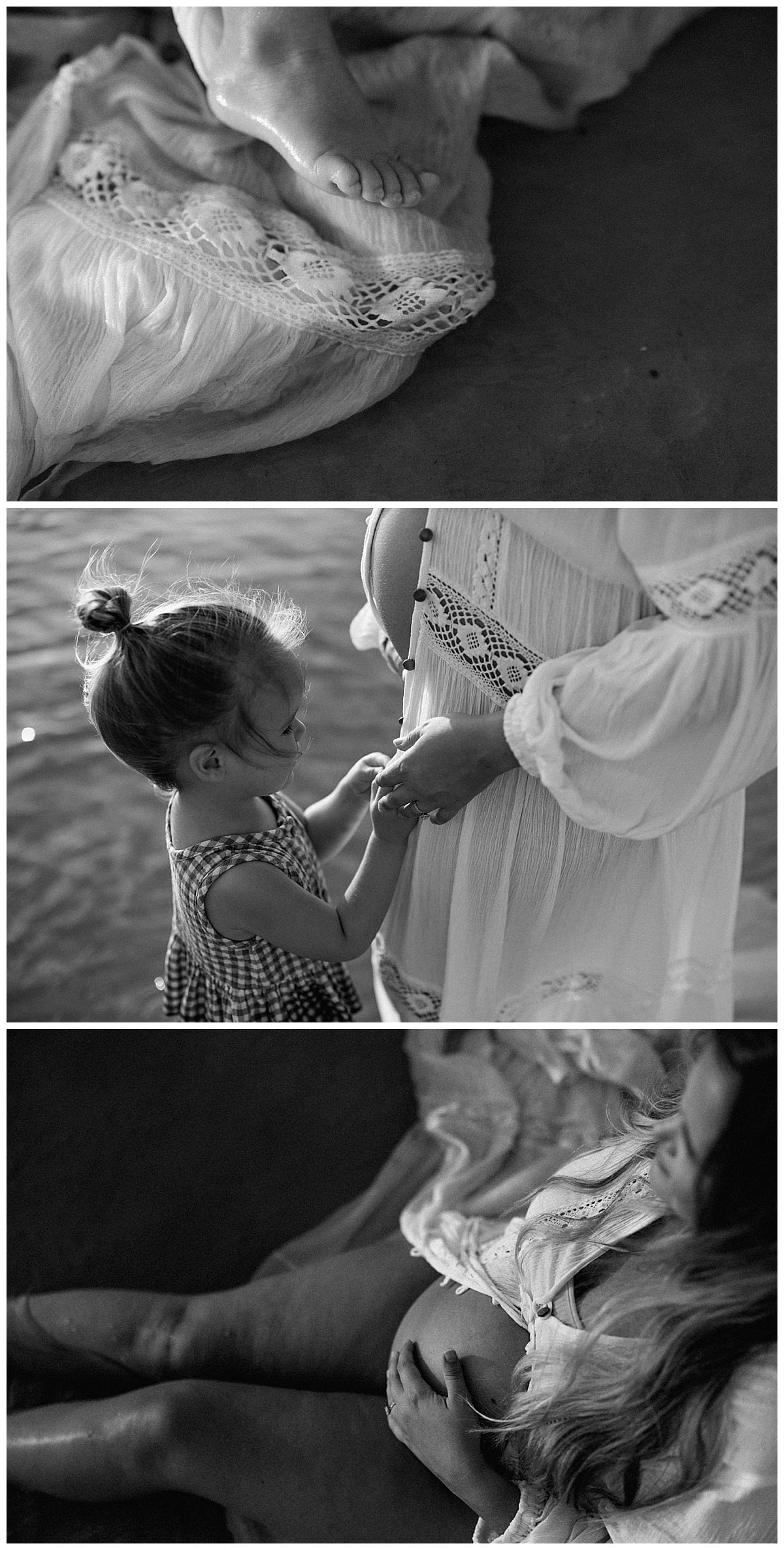 Little girl admires mom's pregnant belly for Sandy Beach Maternity Session