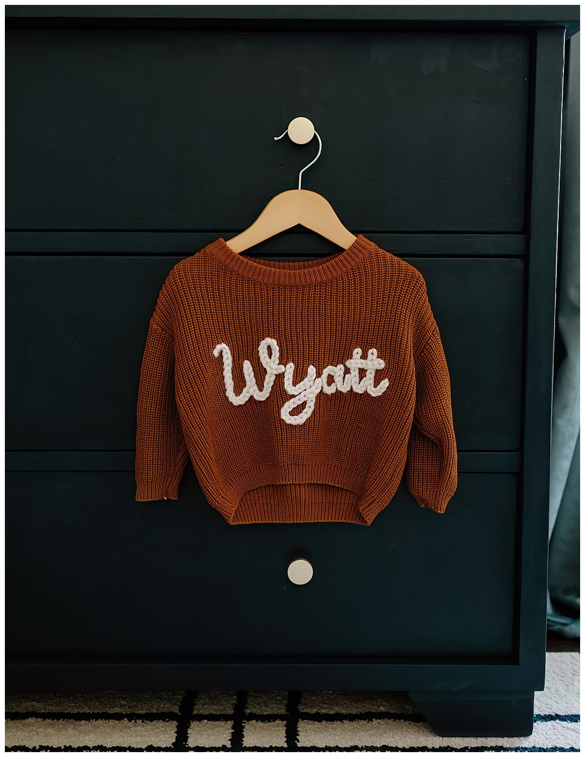 Custom embroidered infant sweater for Austin Newborn Photographer