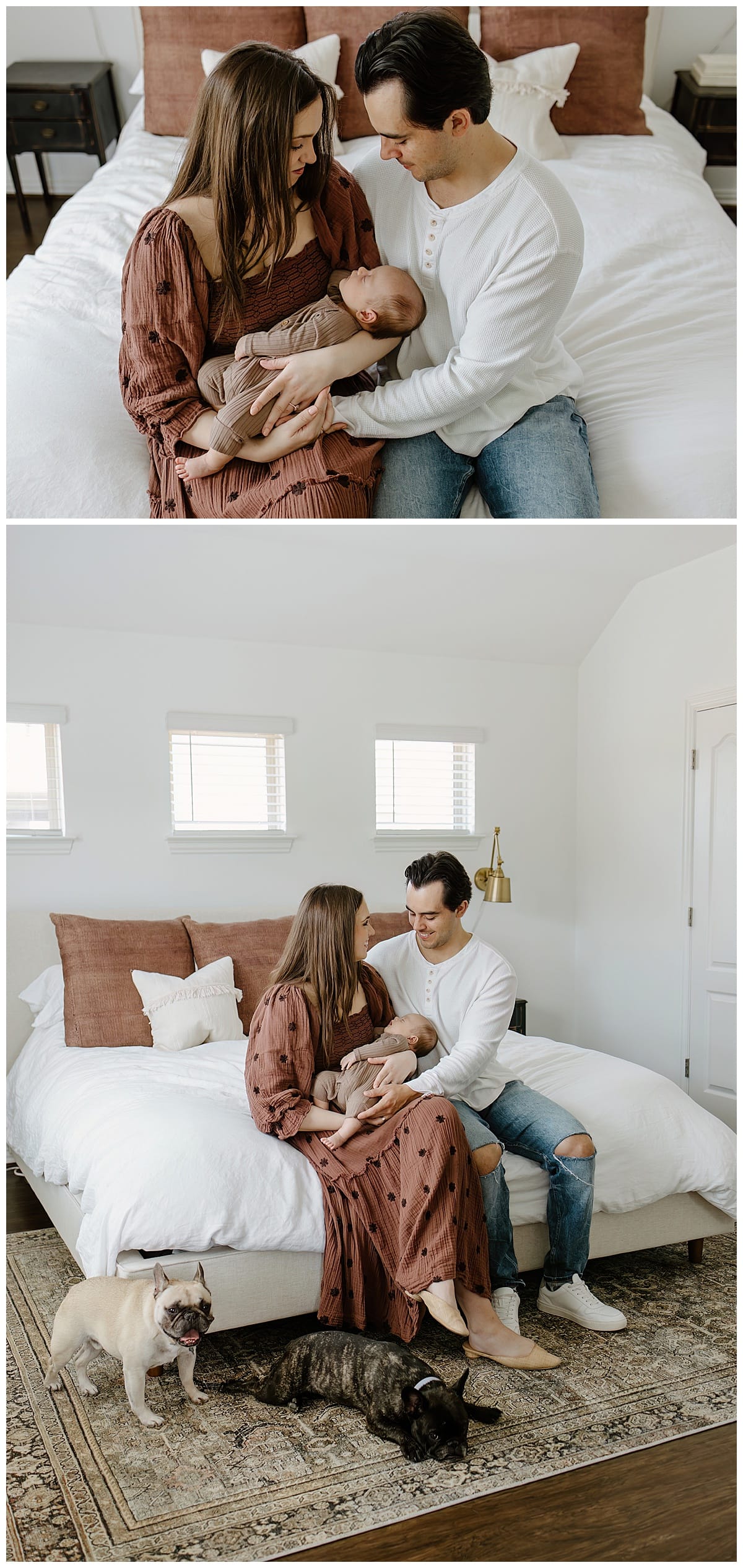 After Preparing For Your Newborn Storytelling Session parents hold baby close on the bed