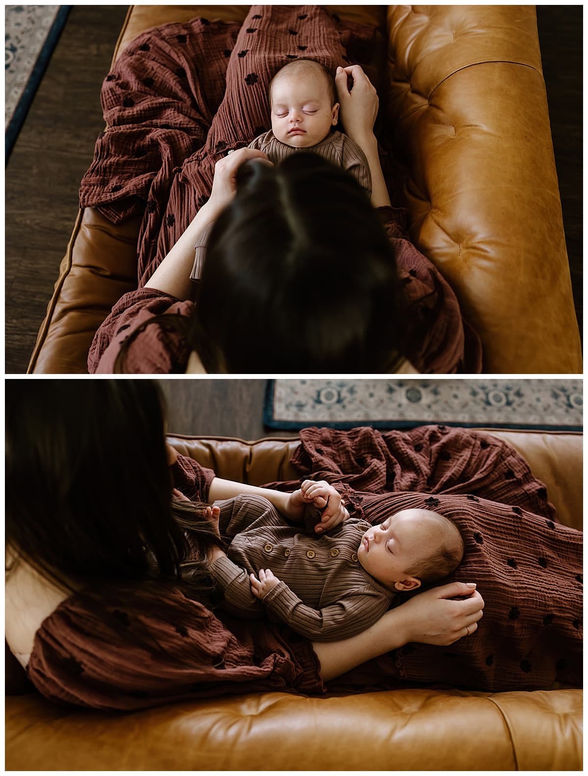 Mom holds baby close on the couch for Austin Newborn Photographer