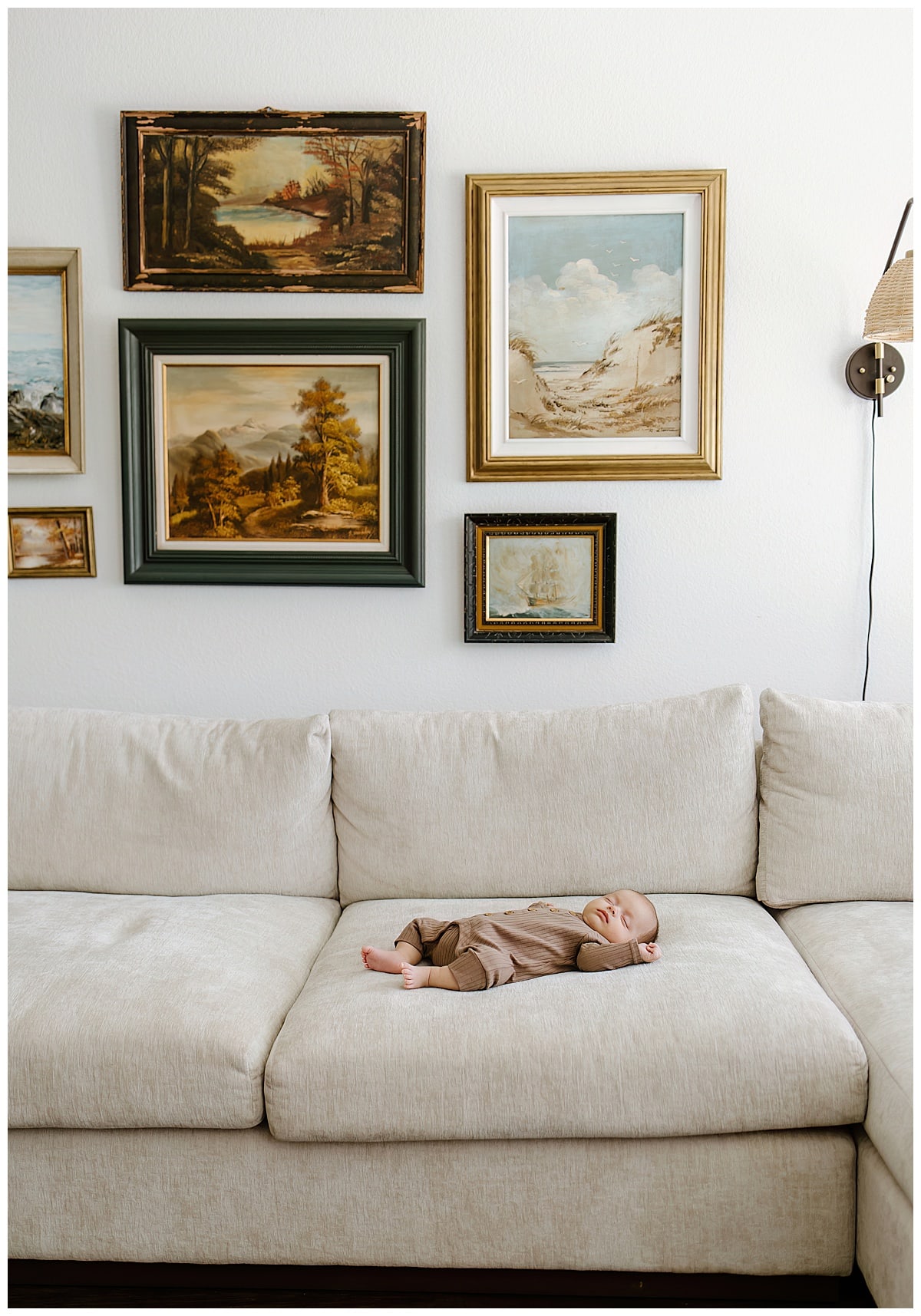 Baby lays on the couch for Our Adventuring Souls Photography
