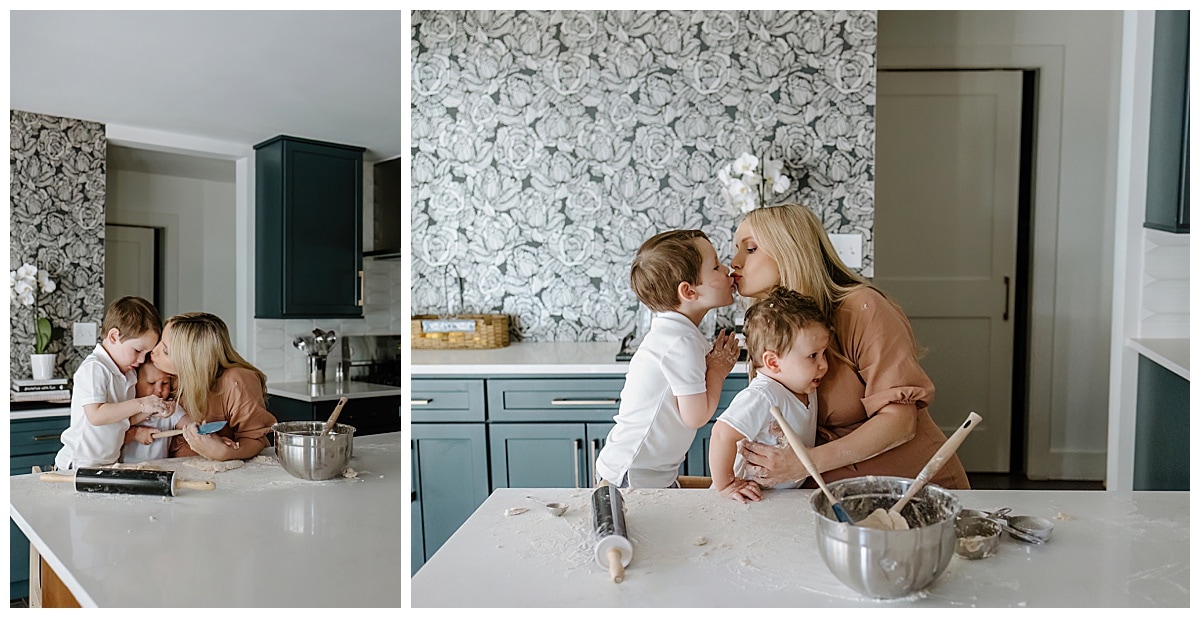 Mom and sons enjoy baking together during her in home maternity session