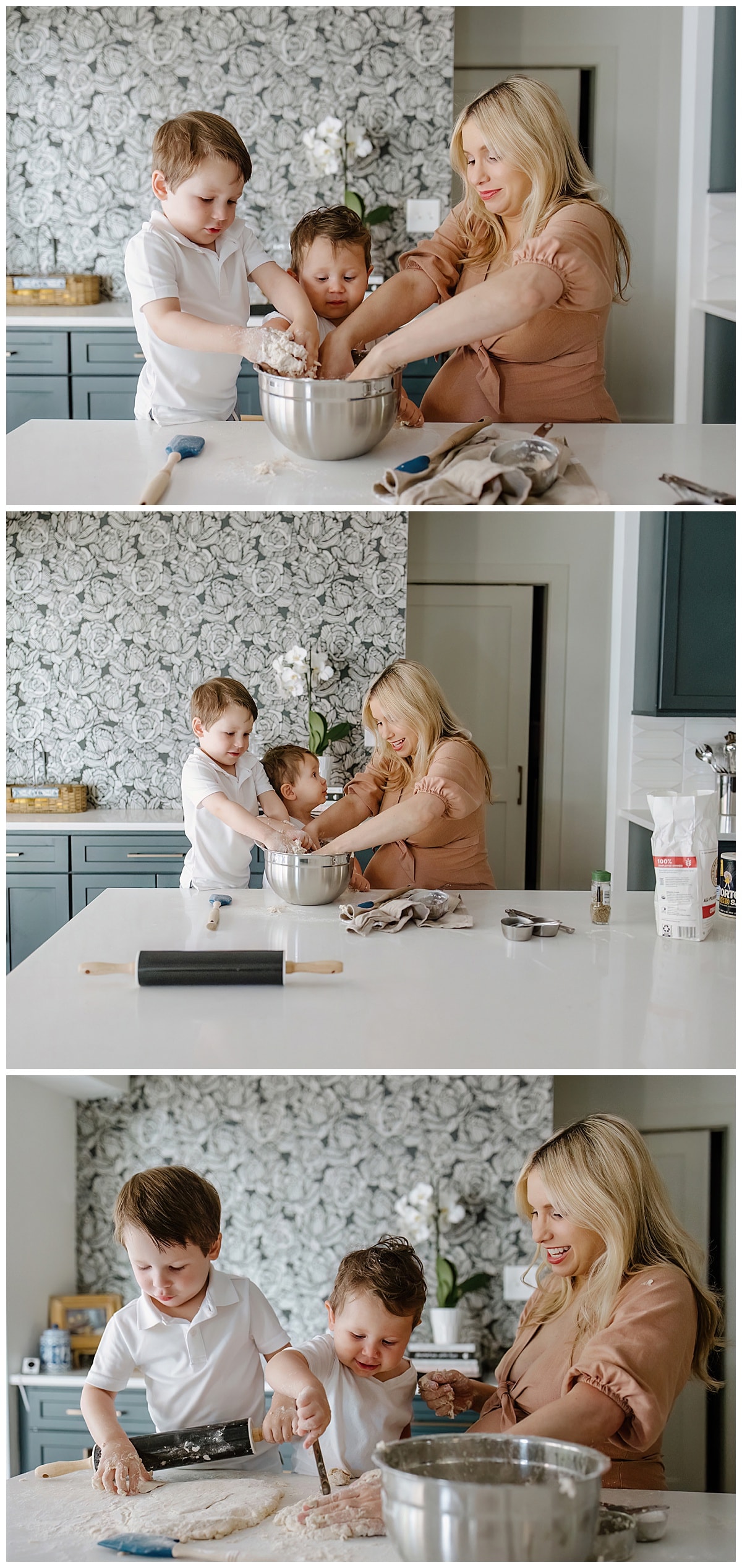 Mom and son bake together during their in home maternity session