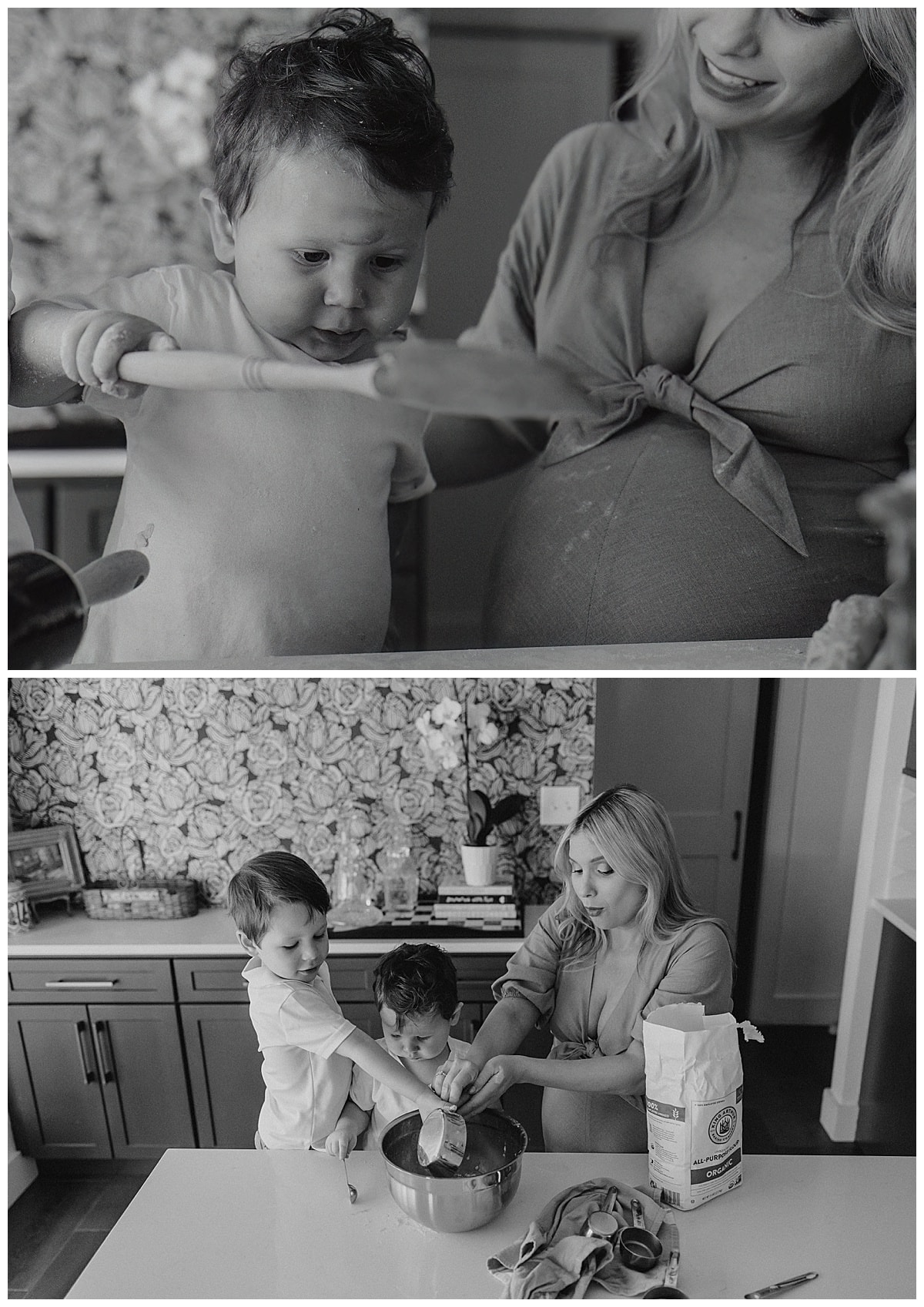 Mama bakes with sons during her in home maternity session