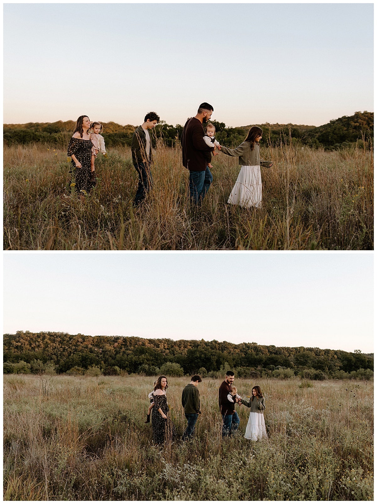 Family walk through the open field for Austin Lifestyle Photographer