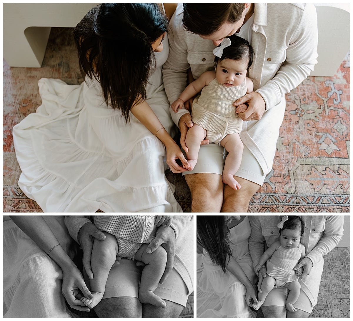 Parents sit on the floor with their baby understanding the importance of being able to Document Your Newborn
