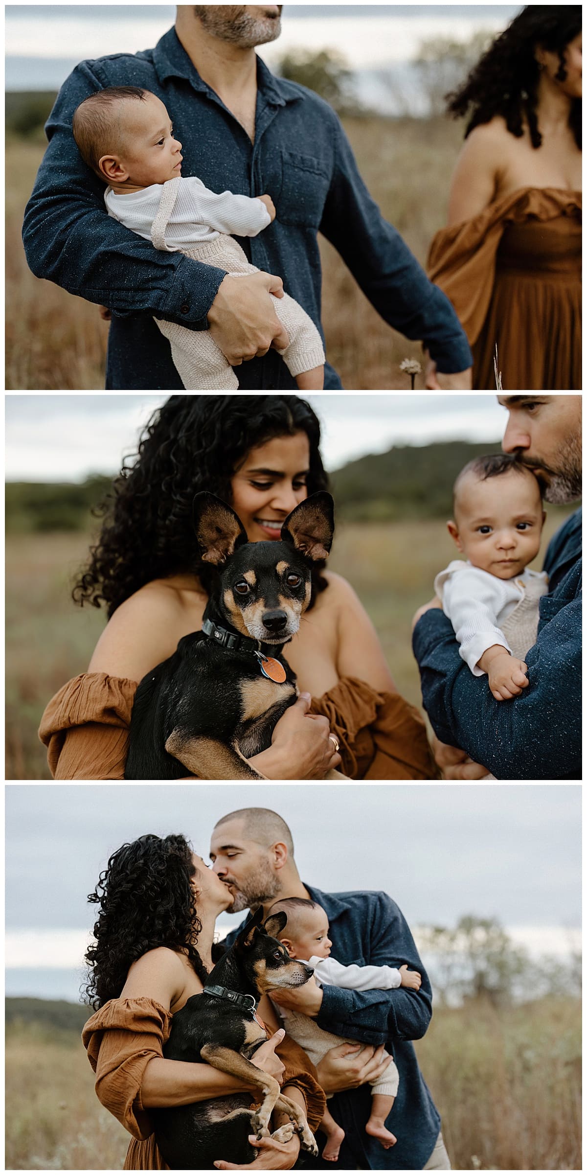 Parents stand close together holding their son and dog during their Lifestyle Family Photos 