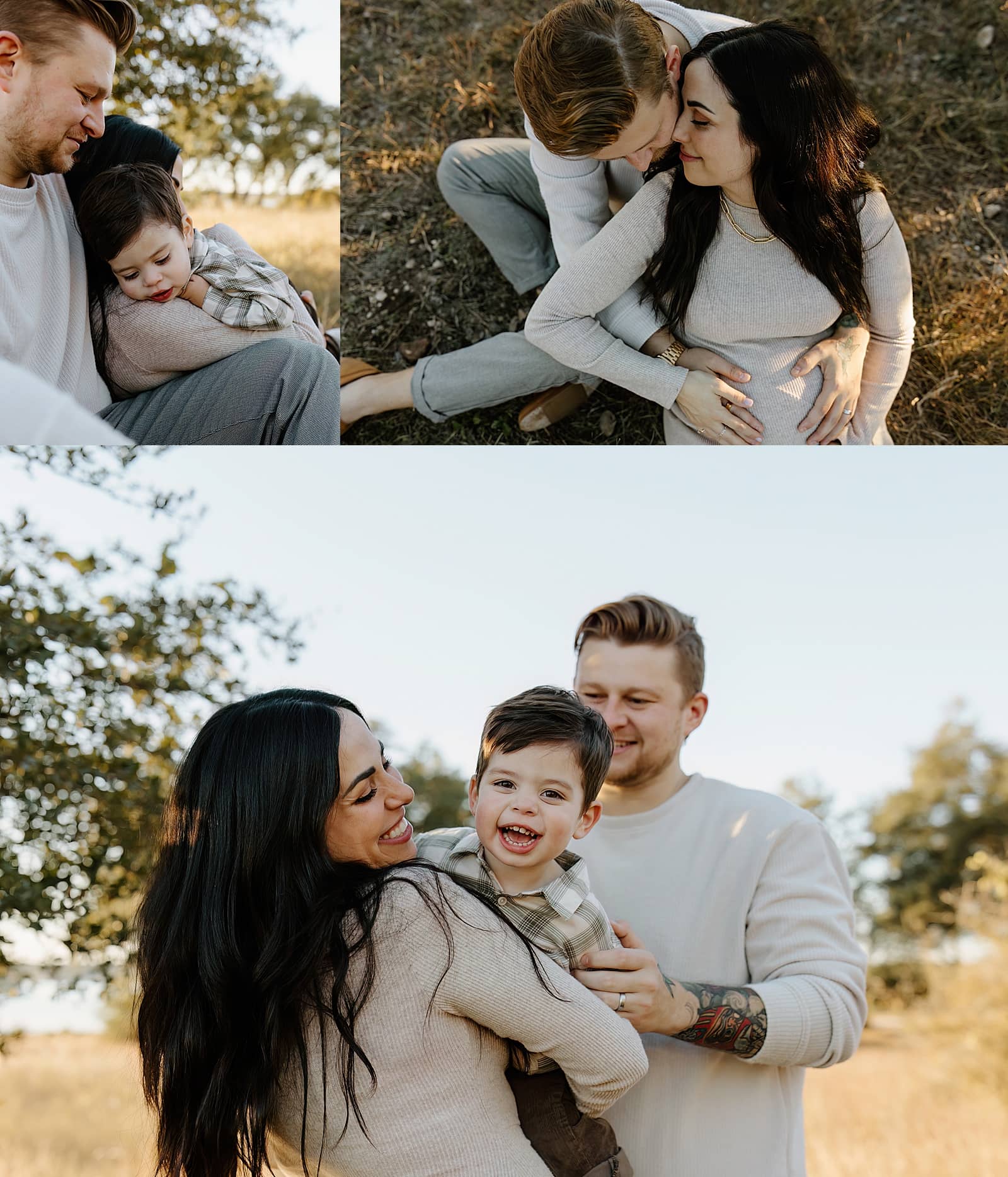Family smiles together during an Outdoor Lifestyle Maternity Session