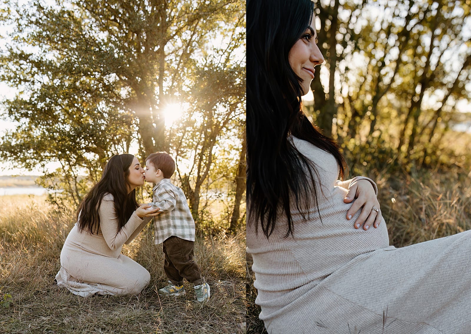 Mom holds pregnant belly and kisses young son for Our Adventuring Souls Photography