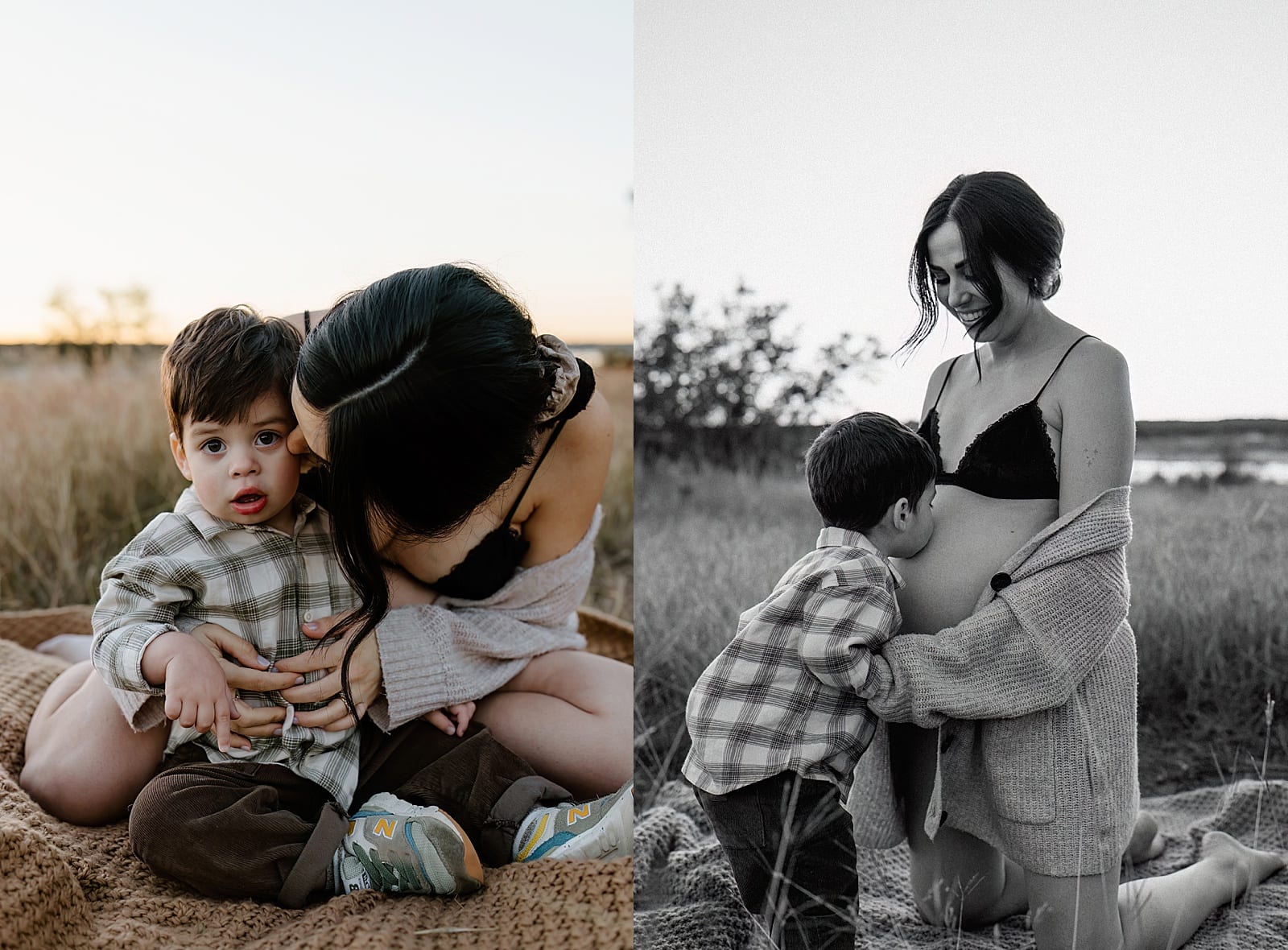 Mom and young son share tender moment together during an Outdoor Lifestyle Maternity Session