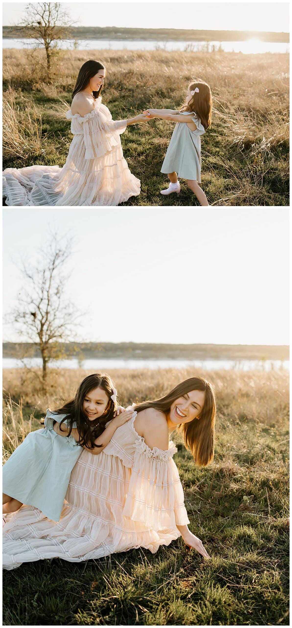 Mom and daughter play in the grass during their outdoor lifestyle photoshoot