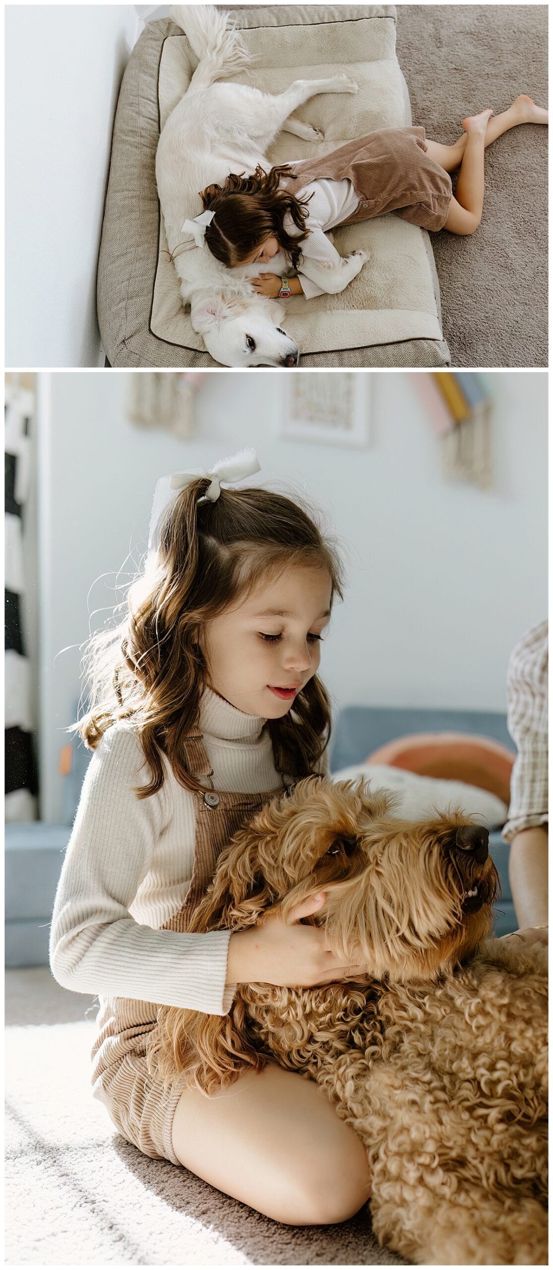 Young girl cuddles their dog for In-Home Documentary Family Photos