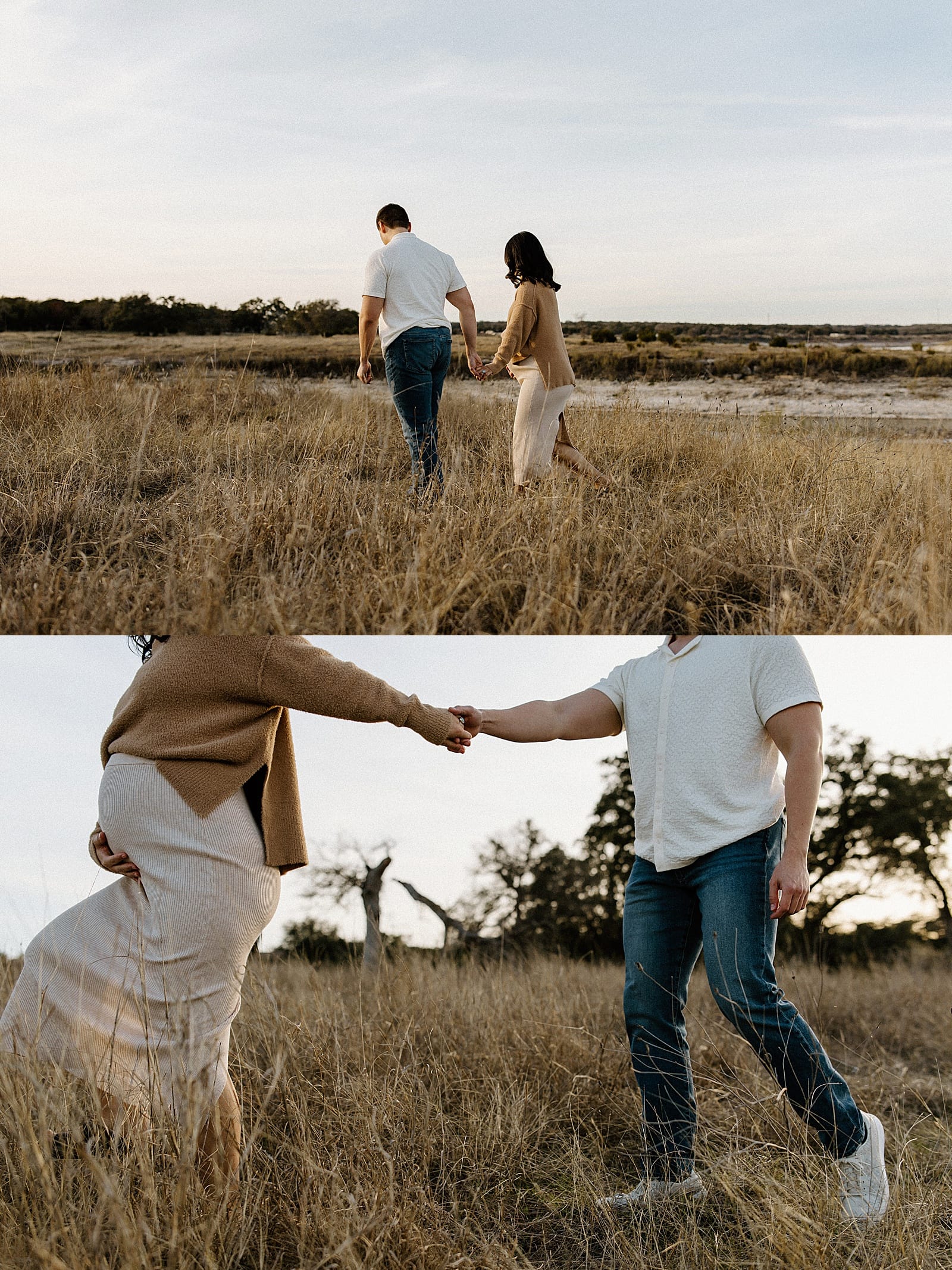 couple walks hand in hand together showing off the perfect Maternity Session Outfit Inspiration